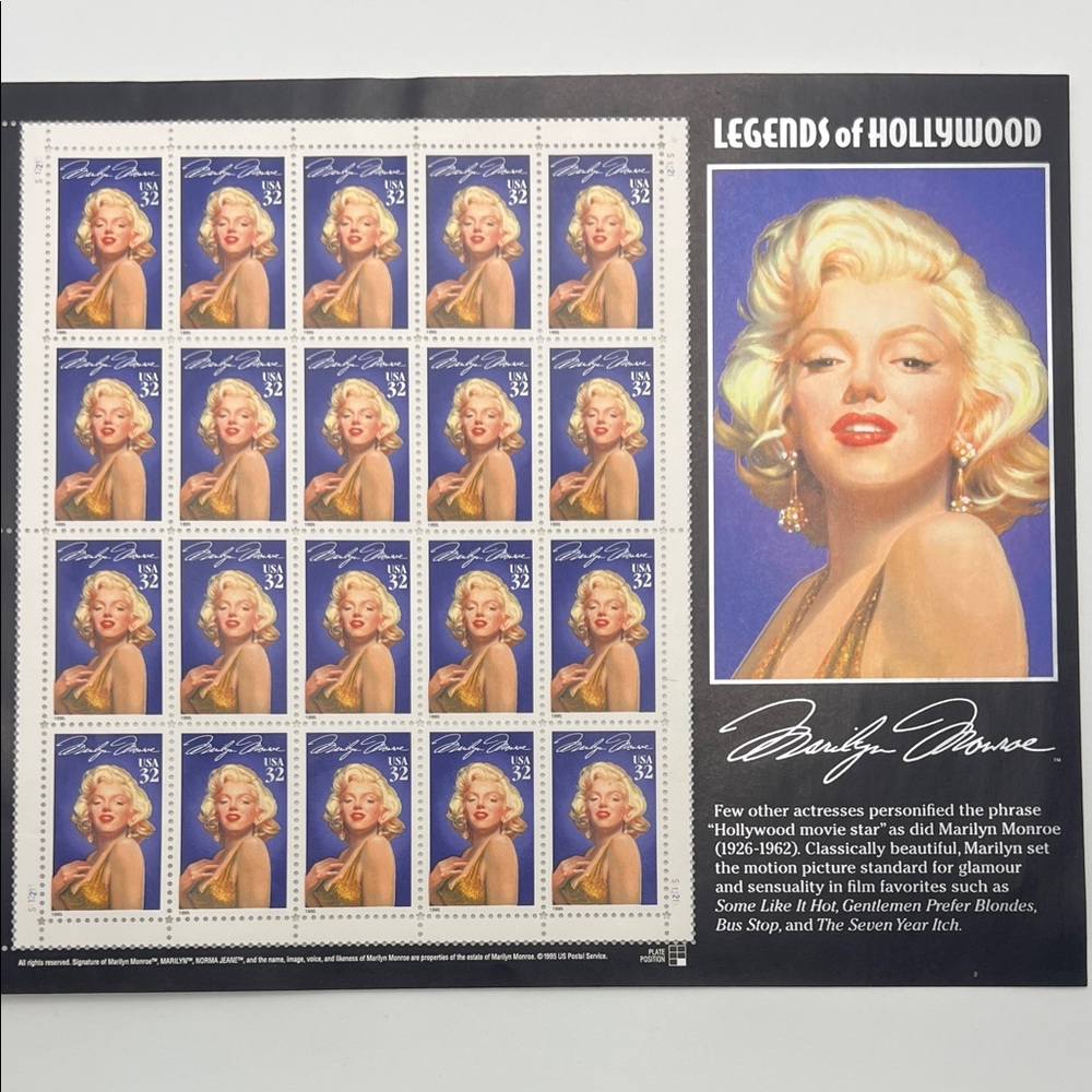 USPS 1995 Legends of Hollywood Marilyn Monroe Stamps